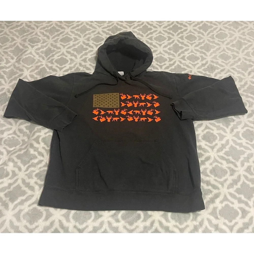 Columbia PHG Mens Hoodie Gray Blaze Orange Hunting Flag Graphic Size Large
